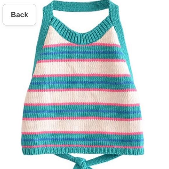 Zara Striped Pink/Teal/White Knit Open Back Halter Crop Top - Picture 7 of 9